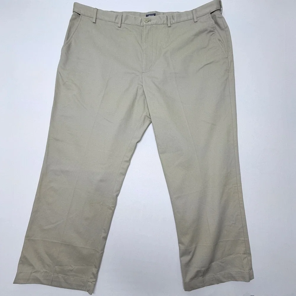 IZOD Mens Khaki Tan Flat Front Chino Pants Straight Leg 50x30 Cotton Twill